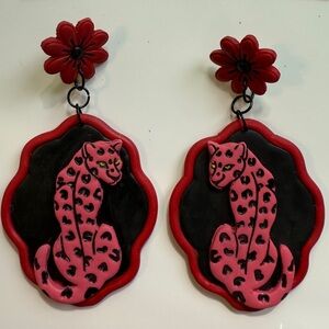 Polymer Clay Pink Red Leopard Earrings with Red Flower Accents